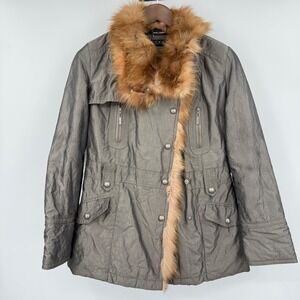 Laundry Shelli Segal Jacket M Fox Fur Trim Gray Utility Y2K 2010 Indie Sleaze‎